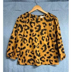 Everleigh S Orange Black Leopard Print Puff Sleeve Top Retro Blouse